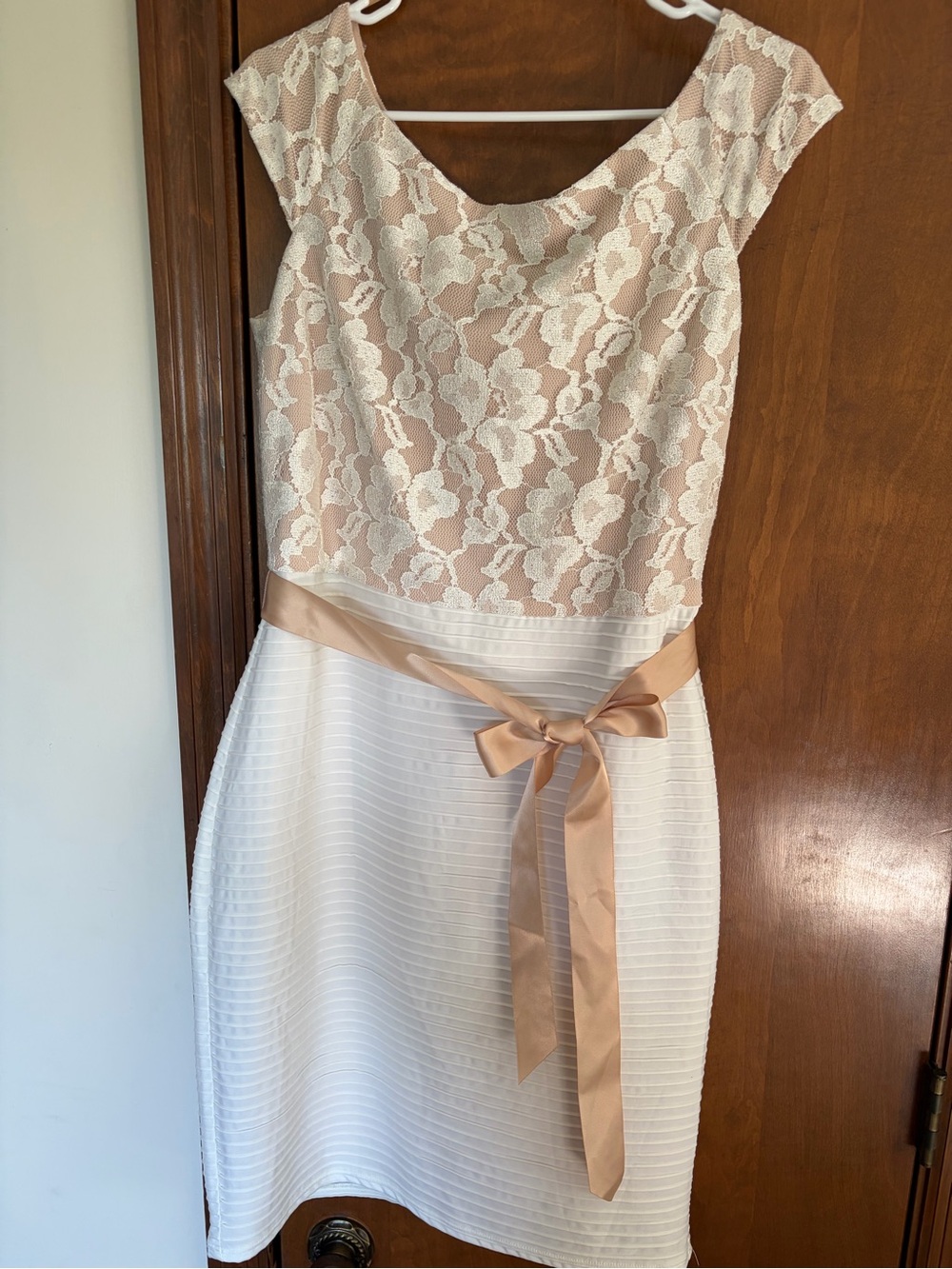 Elegant Lace Bodice White & Blush Dress with Sash